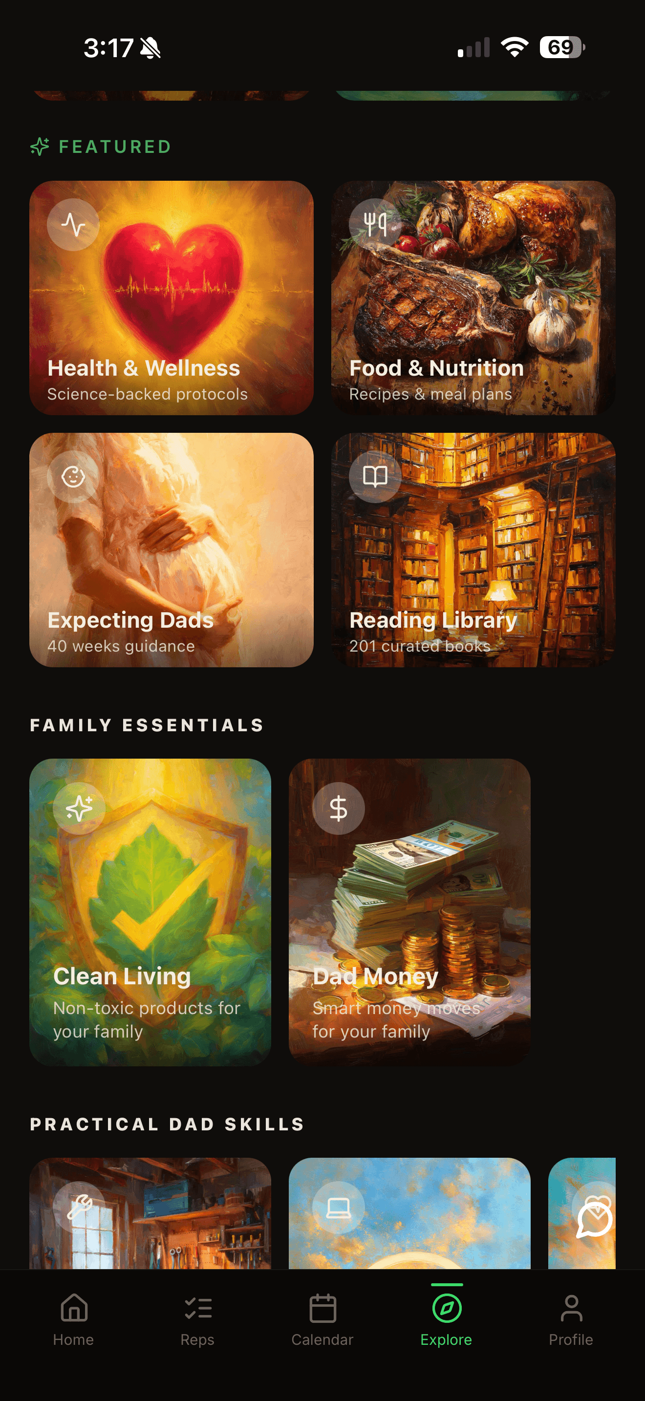 Explore — Dad Fuel daily insights and the programs library (21-Day Stress Reset, Dad Hub, Missions)