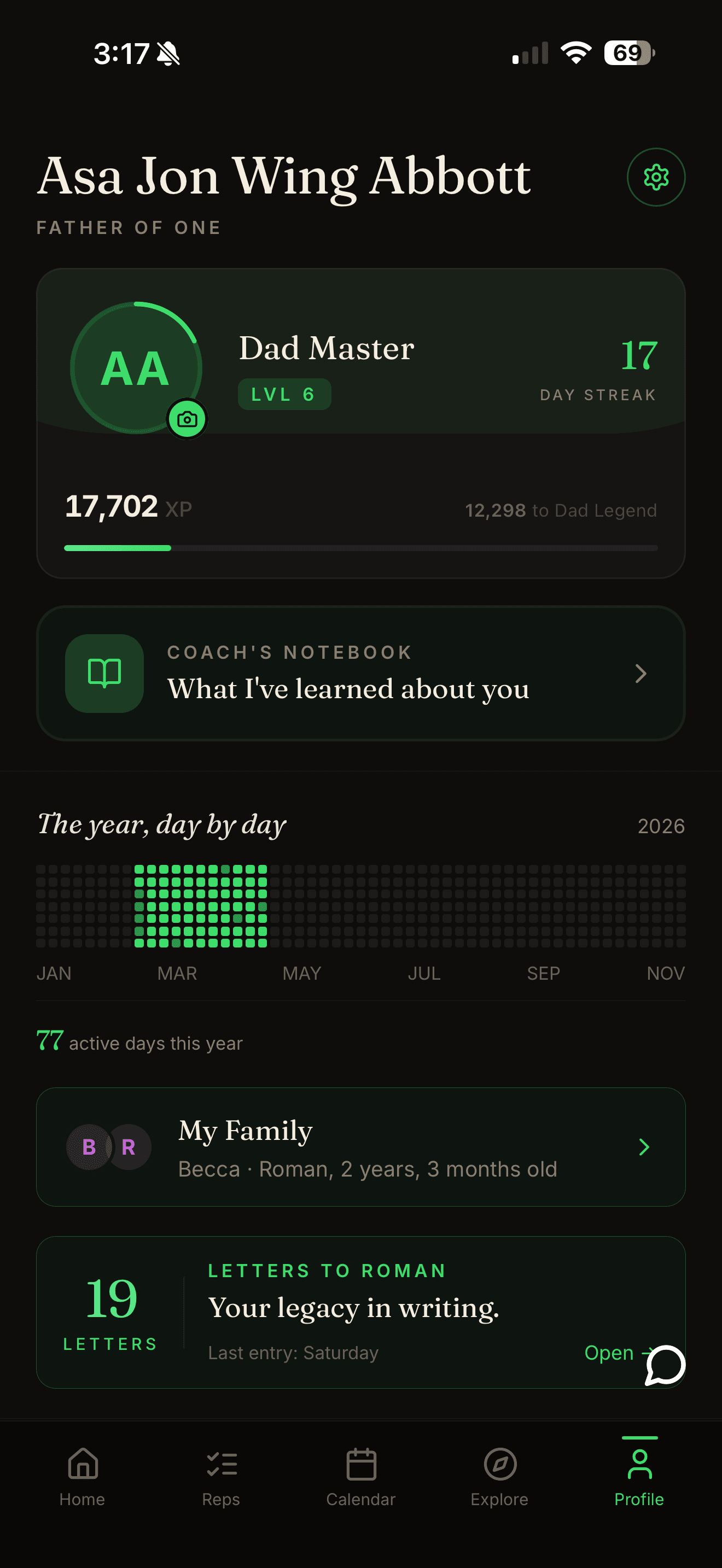 Profile — Dad Master Lvl 6, 17-day streak, a year of daily practice as a GitHub-style heatmap